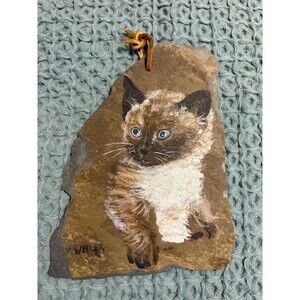 Vintage Siamese Cat Painting Rock Canvas Signed Blue Eye Kitten Art Wall Hanging